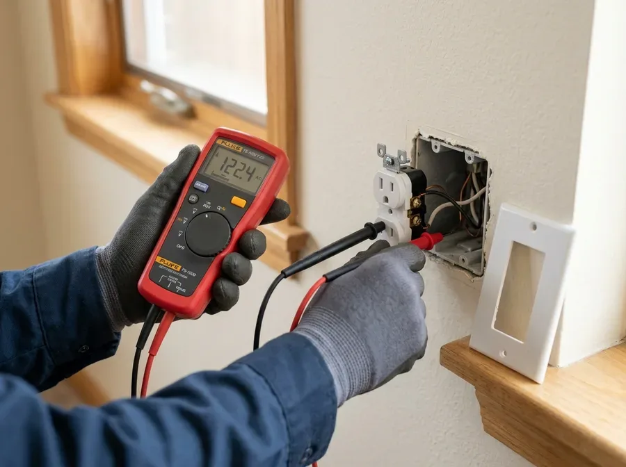 A gloved hand holding a multimeter probe against a live wall outlet with the cover plate off, warm task light in a south Denver suburb home