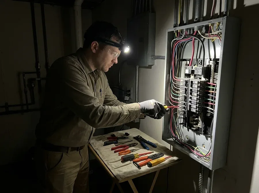 An electrician's gloved hands making a scorched outlet safe by work light, panel door open behind, tools laid on a cloth during a night call