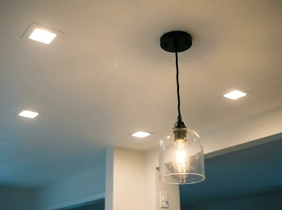 Newly installed pendant light fixture and dimmer switch wired in on a bedroom ceiling, old fixture box empty on a drop cloth with tools nearby