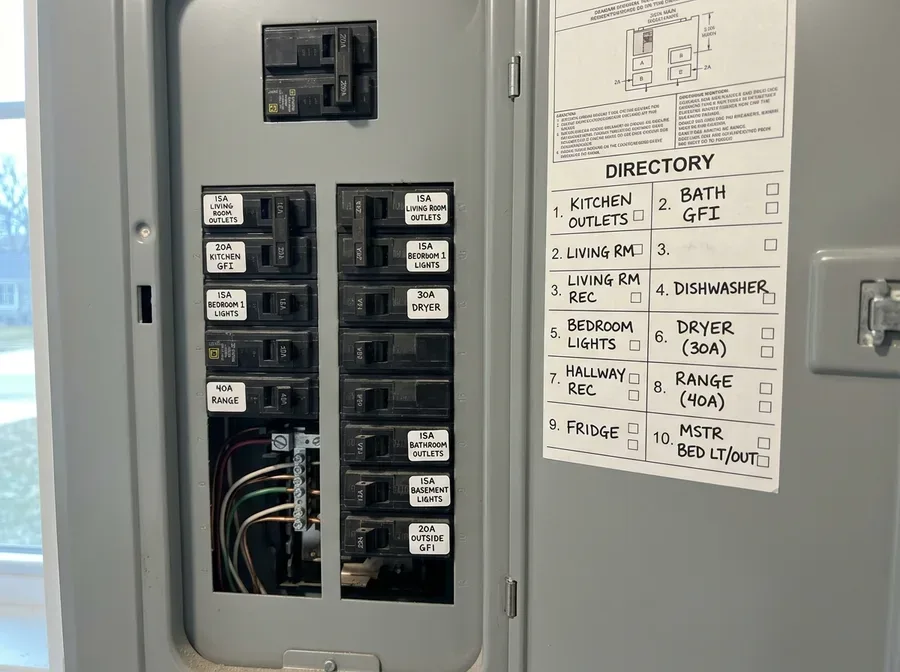 A newly installed 200-amp electrical panel with labeled breakers, panel door open, in a home utility space